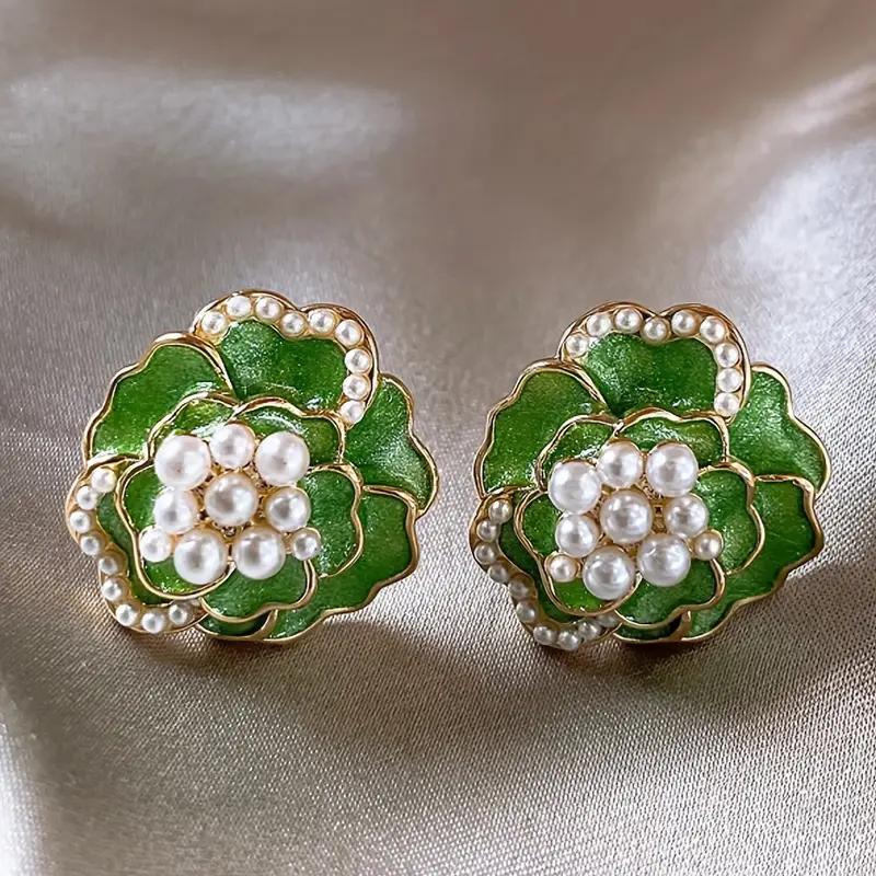 Green Enamel Earrings with Elegant Pearls 0