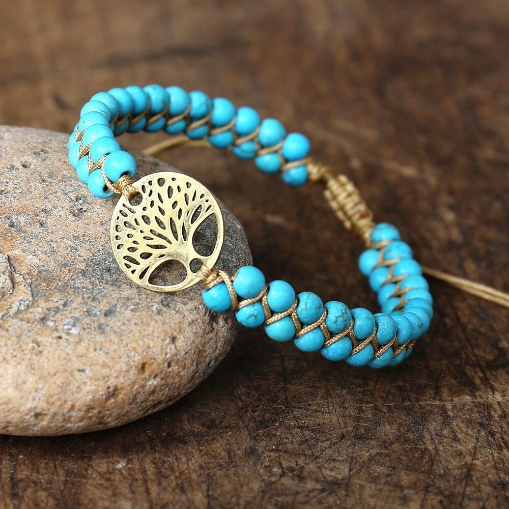 Handmade Turquoise Stone Tree of Life Bracelet - Adjustable & Unique Design 0