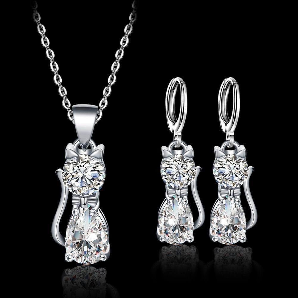 Happy Cats Sterling Silver Necklace and Earrings Set 0