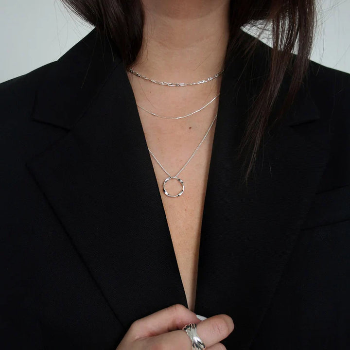 Open Circle Three Row Necklace Silver