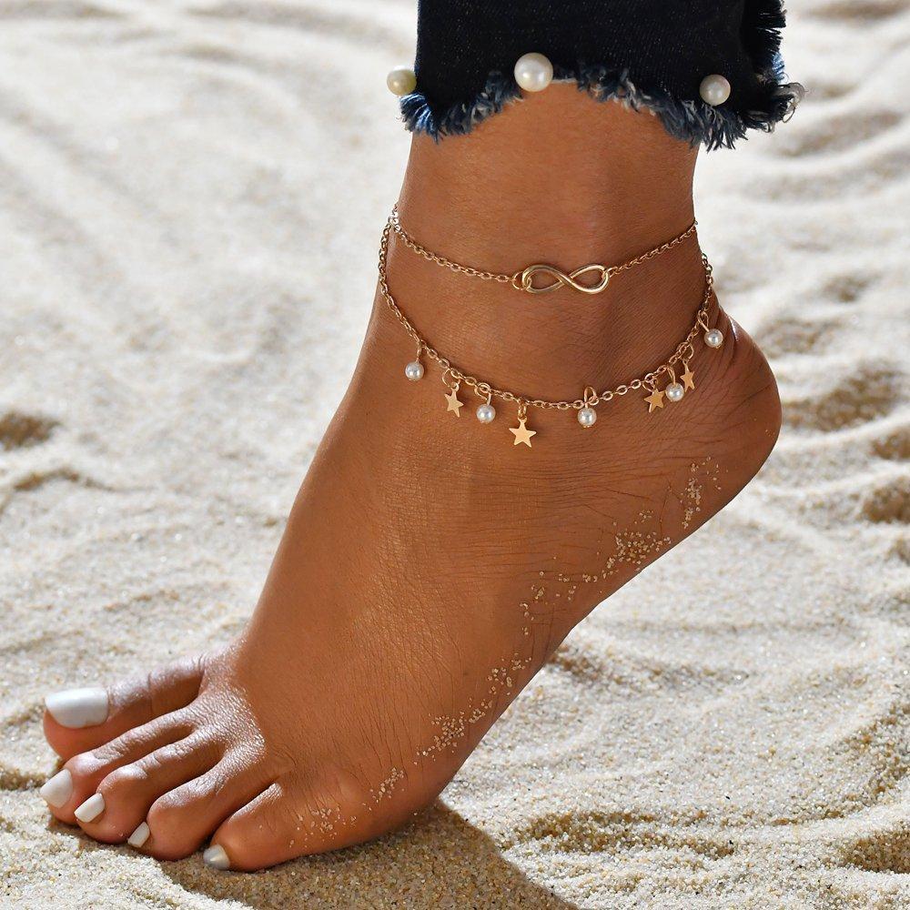 Infinity Anklet Bracelet with Pearls and Stars - Handcrafted Adjustable Design 0