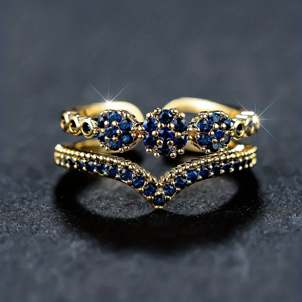 Inlaid Blue Crystals Layer Gold Ring 0