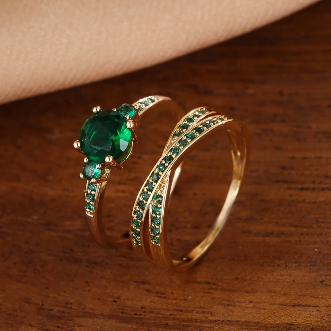 Inlaid Green Crystal Gold Ring Set - Elegant Stacking Rings 0