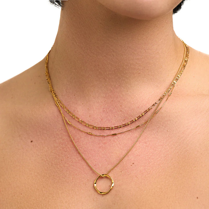 Open Circle Three Row Necklace Gold