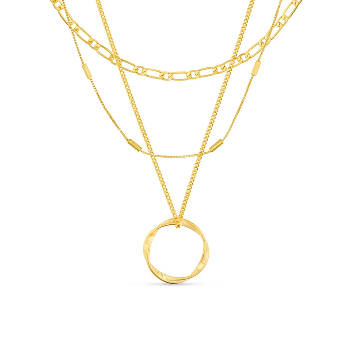 Open Circle Three Row Necklace Gold