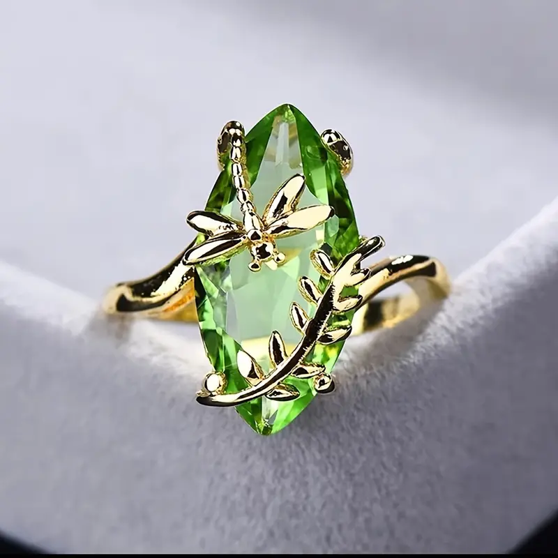 Olive Crystal Dragonfly Gold Ring 0
