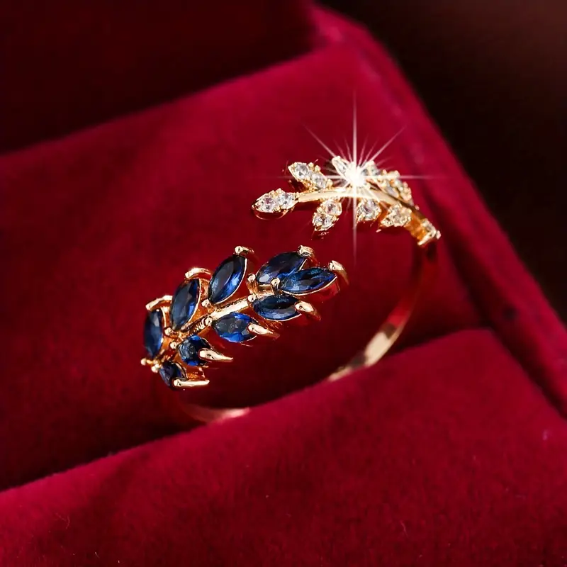 Open Blue Leaf Zirconia Gold Ring 0