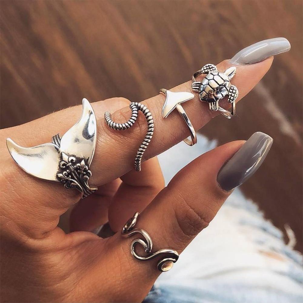 Pack of 5 Antique Silver Sea-Inspired Rings 0