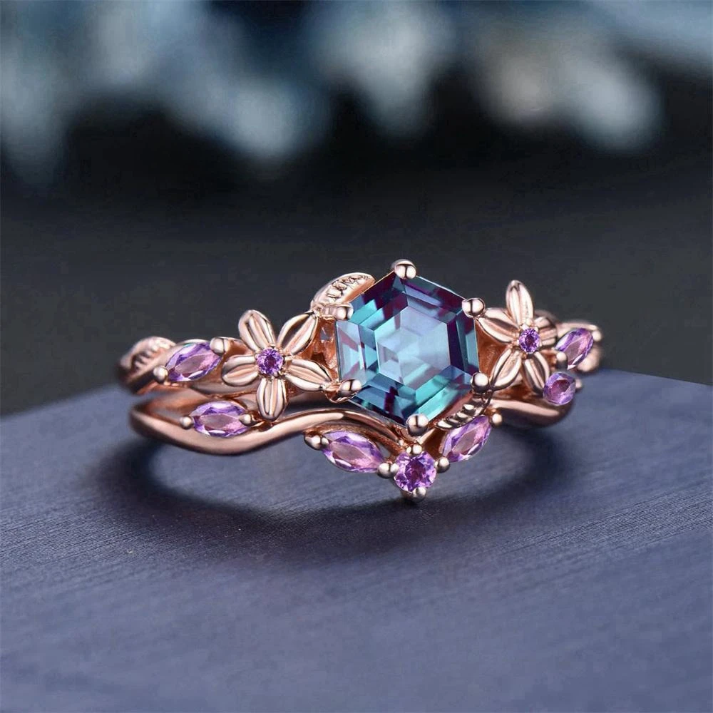 Pink Blue Crystal Flower Ring 0