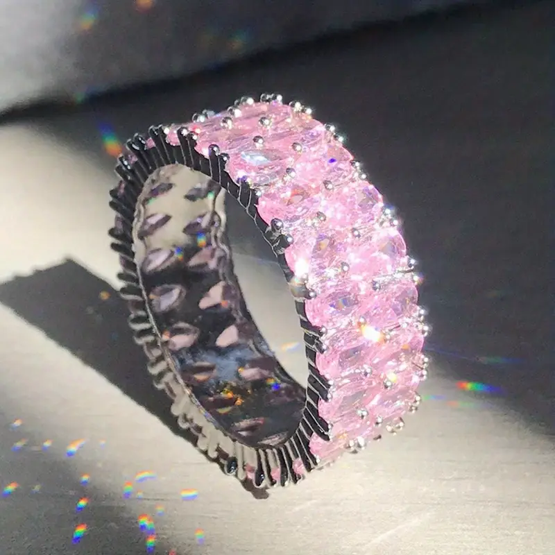 Pink Inlaid Zirconia Silver Ring 0