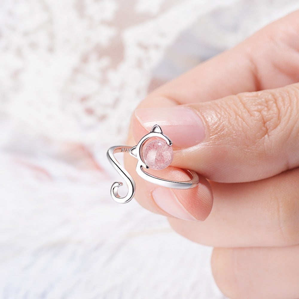 Pink Kitten Ring in 925 Sterling Silver with Agate 1