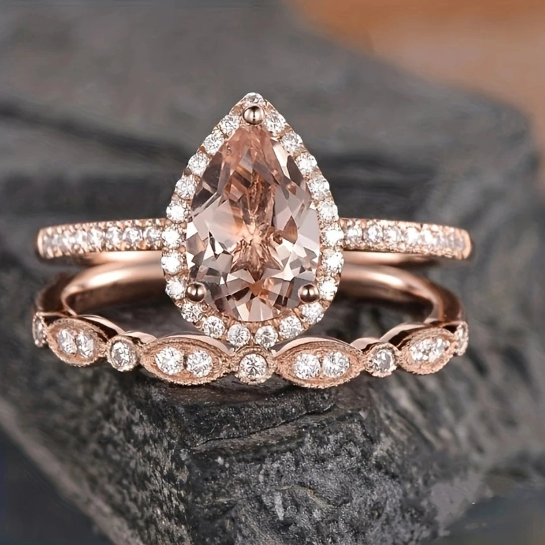 Pink Water Drop Rose Ring Set - Handmade Elegant Jewelry for Unique Style 0