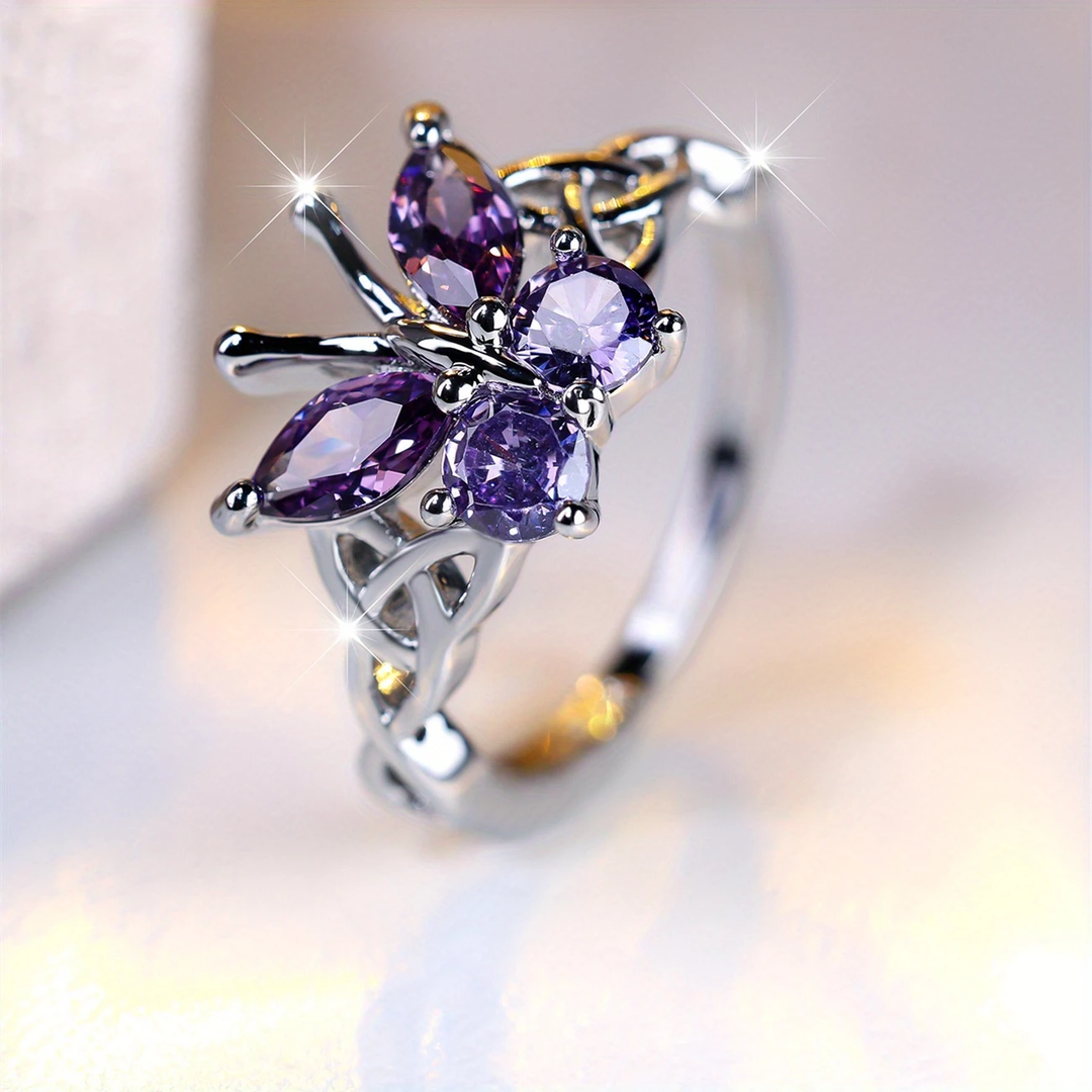 Purple Butterfly Sterling Silver Ring - Unique Silver Ring for Women 0