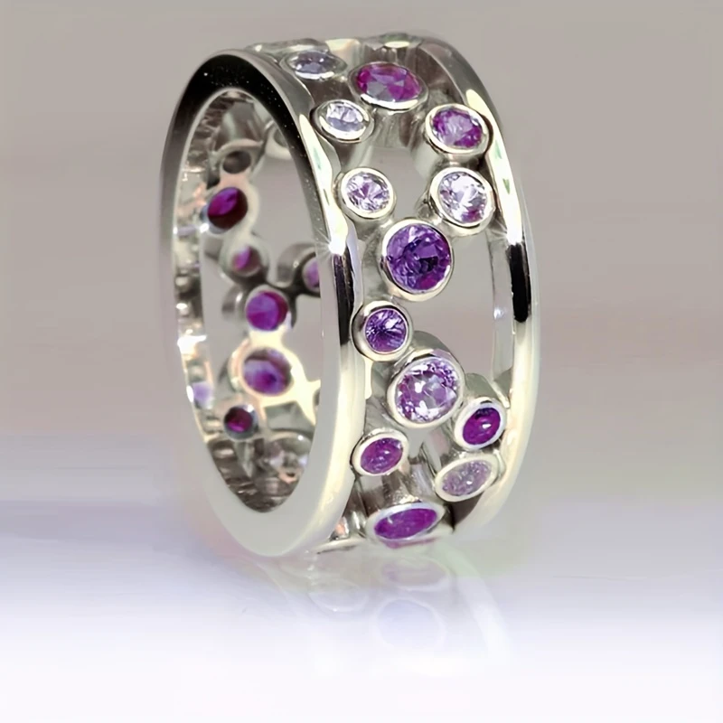 Purple Inlaid Crystal Silver Hollow Ring 0