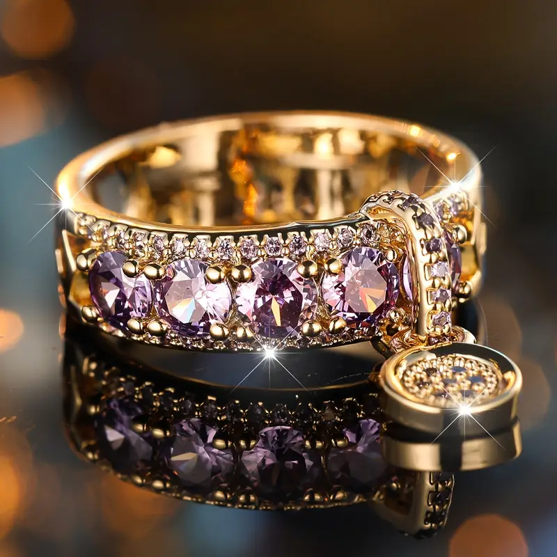 Purple Inlaid Zirconia Gold Ring 0