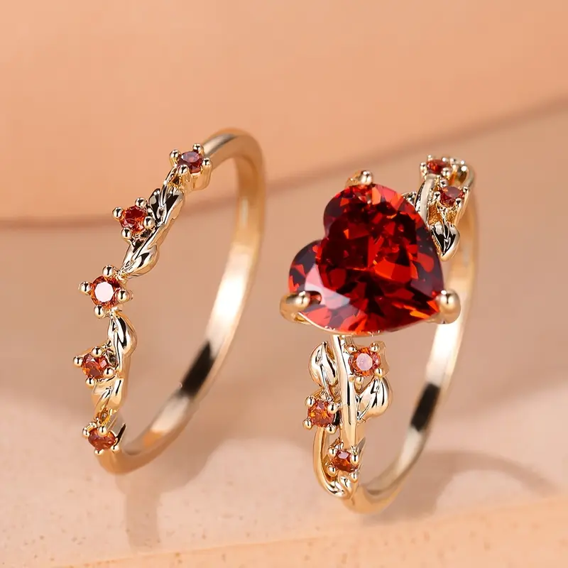 Red Heart Gold Ring Set 0