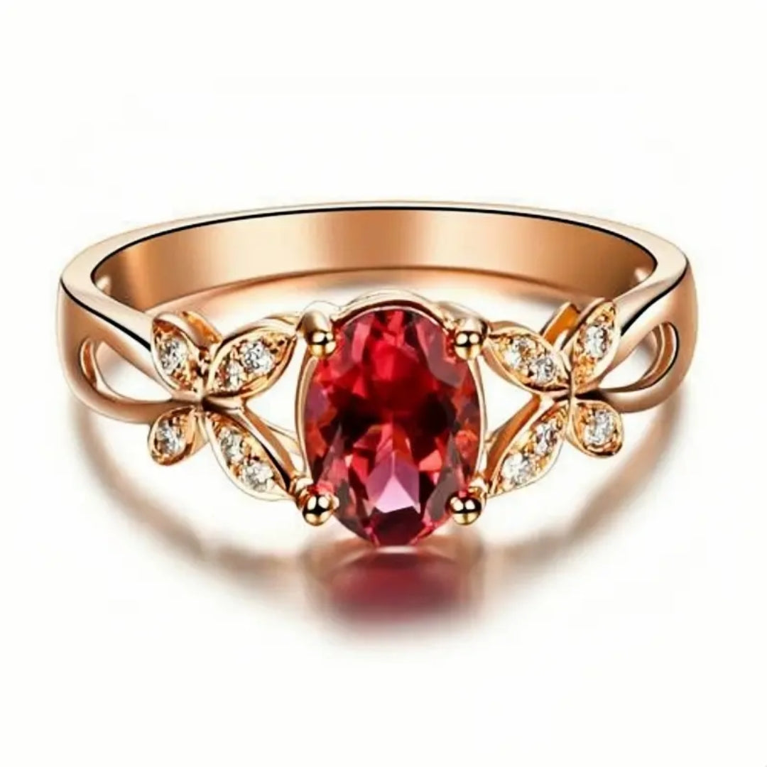 Red Oval Zirconia Butterfly Gold Ring 0