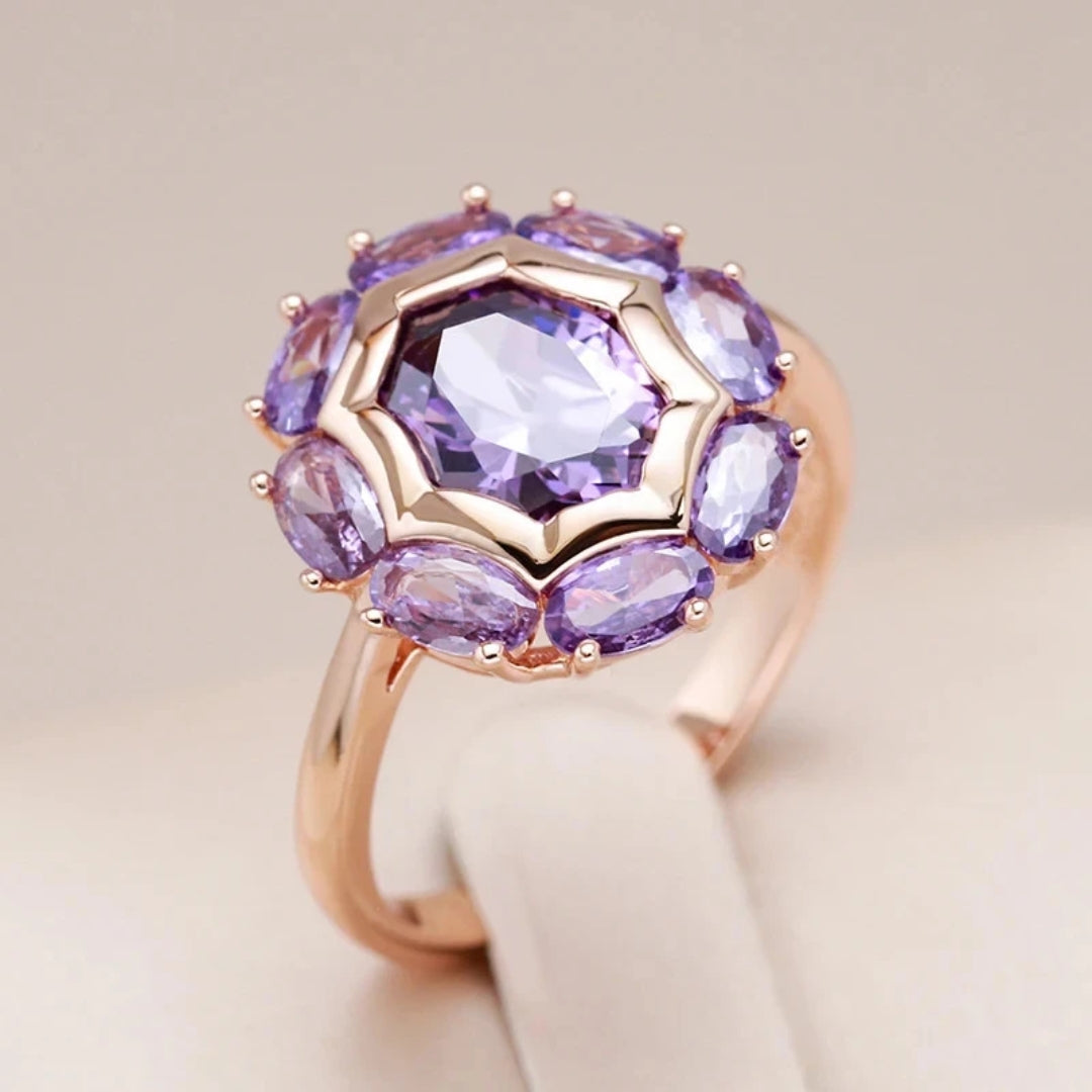 Rounded Violet Crystal Gold Ring for Women - Timeless Elegance and Unique Design 0