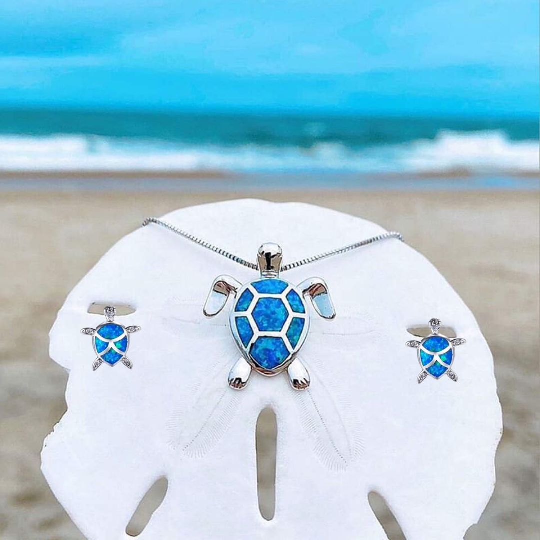 Sea Turtle Opal and Silver Necklace & Earrings Set 0