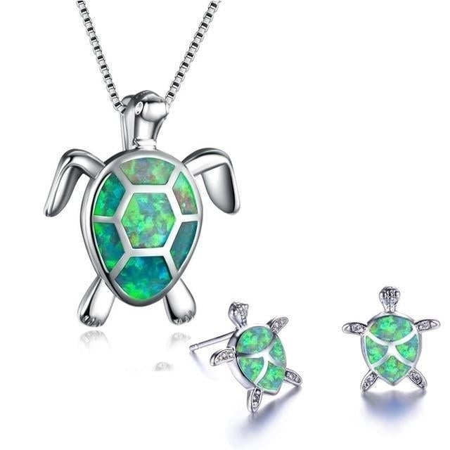 Sea Turtle Opal and Silver Necklace & Earrings Set 4