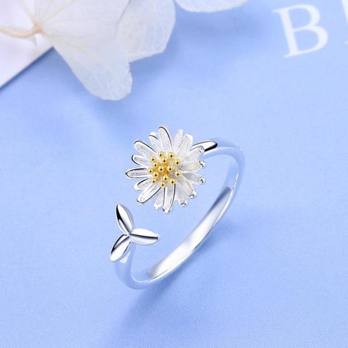 Silver Adjustable Sunflower Ring 0