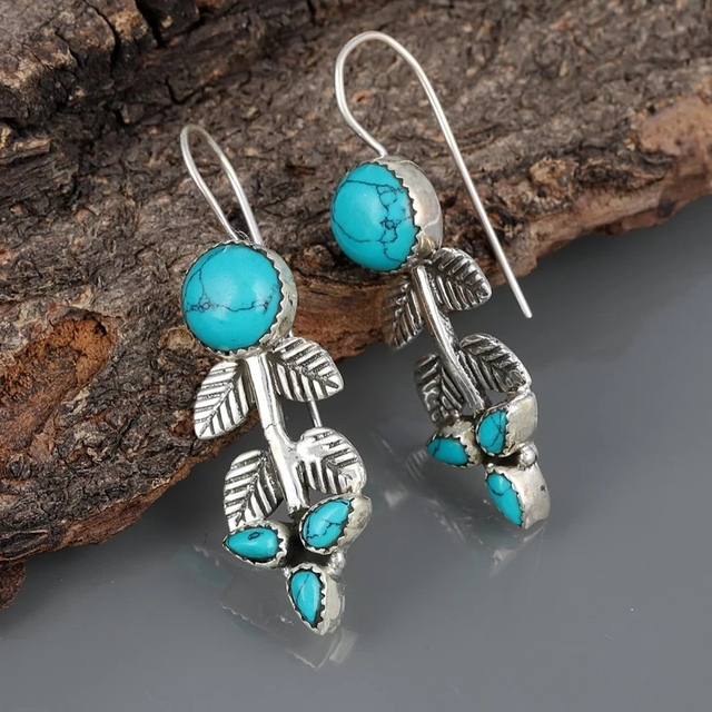 Silver Boho Earrings with Turquoise Stone 0