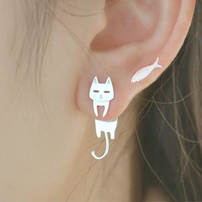 Silver Climbing Kitty Earrings 1