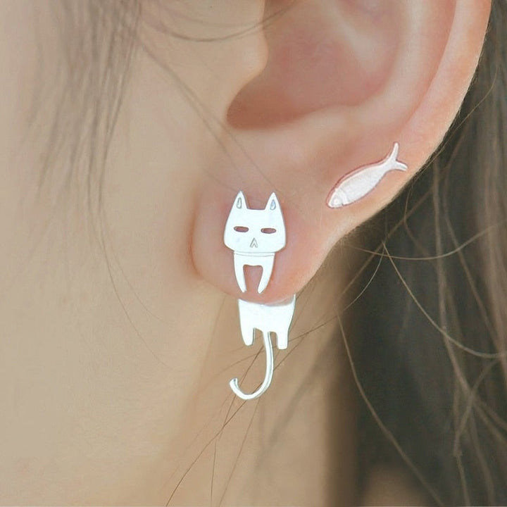 Silver Climbing Kitty Earrings 1