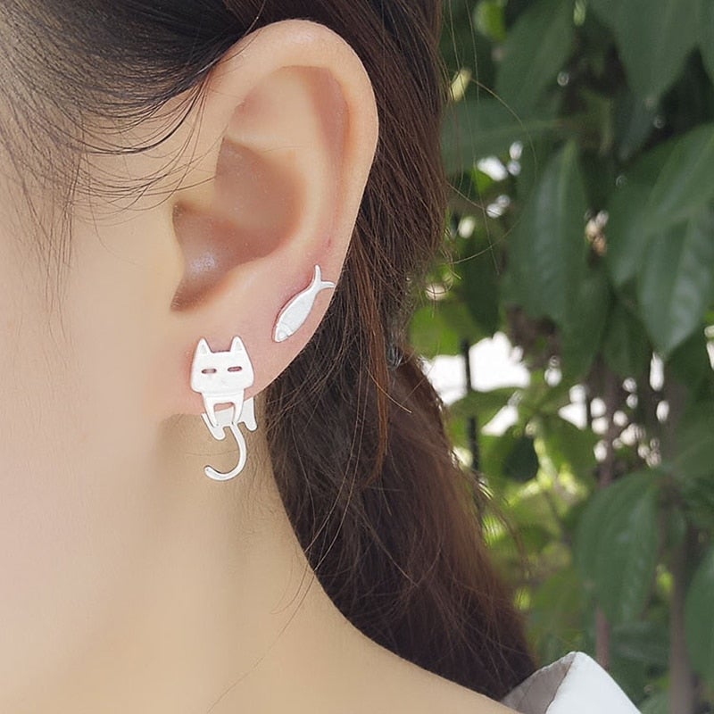 Silver Climbing Kitty Earrings 4