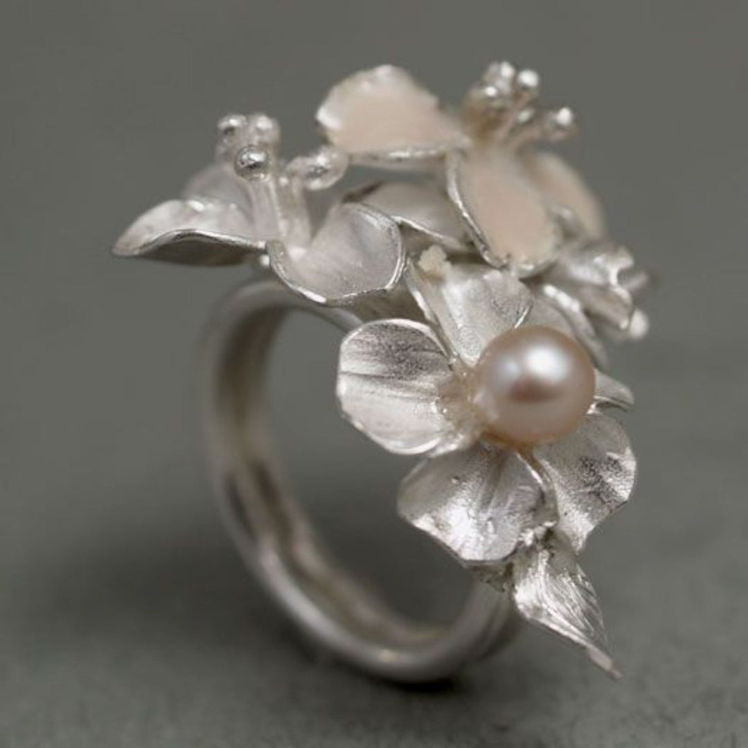 Silver Flower Pearl Ring - Handcrafted Silver Jewelry, Unique Design, Versatile Wear 0