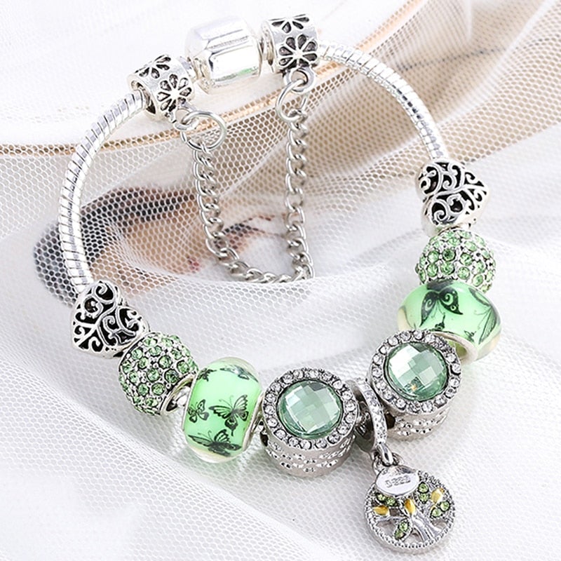 Sterling Silver Bracelet with Green Crystal Accent - Handcrafted Elegant Design 0
