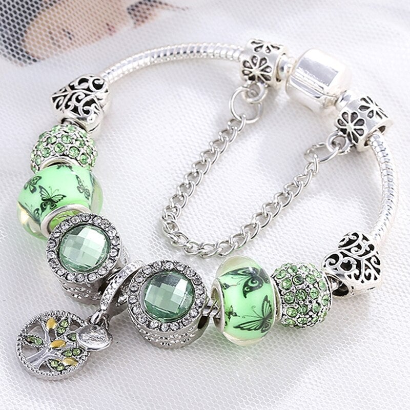 Sterling Silver Bracelet with Green Crystal Accent - Handcrafted Elegant Design 1