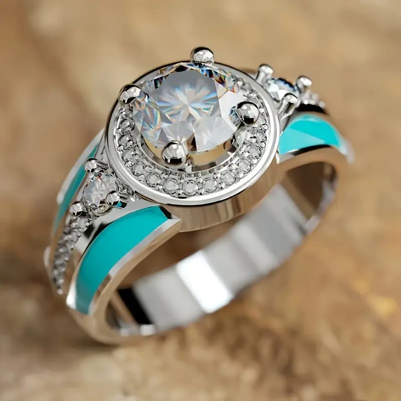 Turquoise Crystal Silvered Ring 0