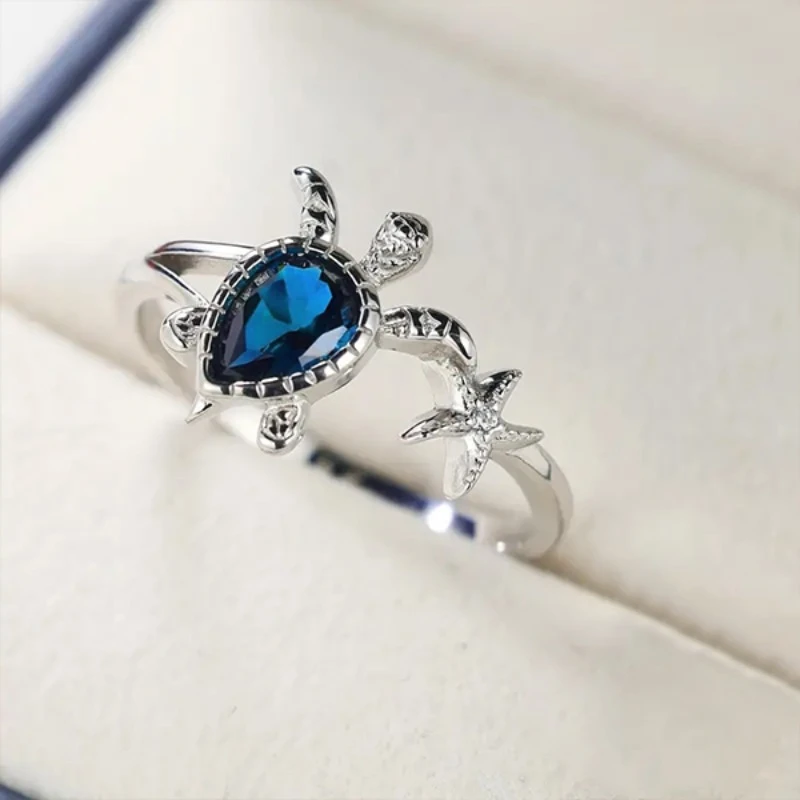 Turtle Blue Crystal Silver Ring 0
