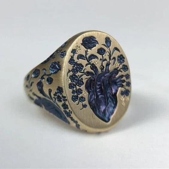 Vintage Blue Floral Seal Gold Ring 0