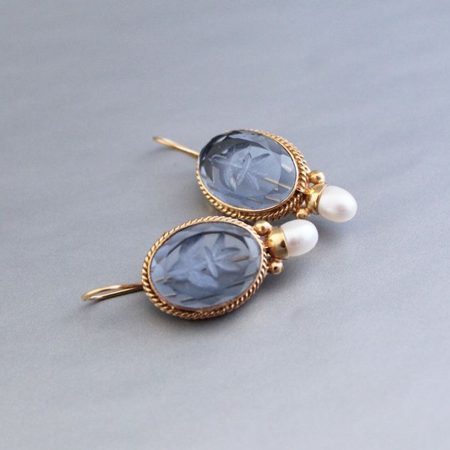Vintage Blue Glass Pearl Earrings for Women - Elegant Handcrafted Jewelry 0