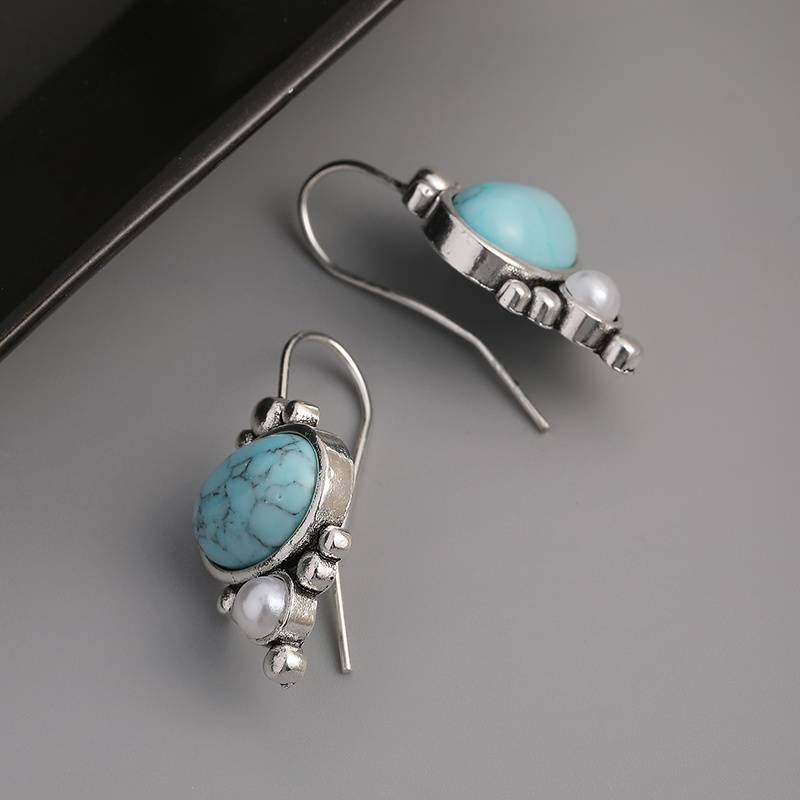 Vintage Blue Sky Stone Pearl Earrings 0