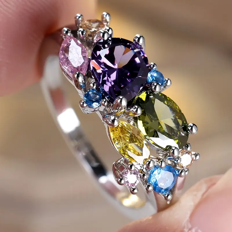 Vintage Colorful Crystal Silver Ring 0