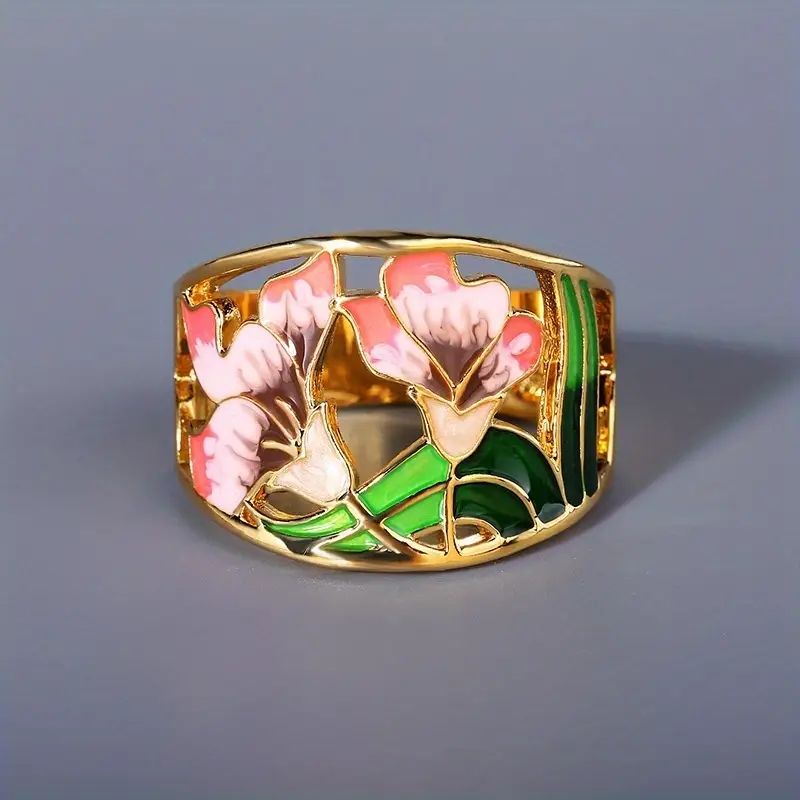 Vintage Enamel Gold Floral Ring 0