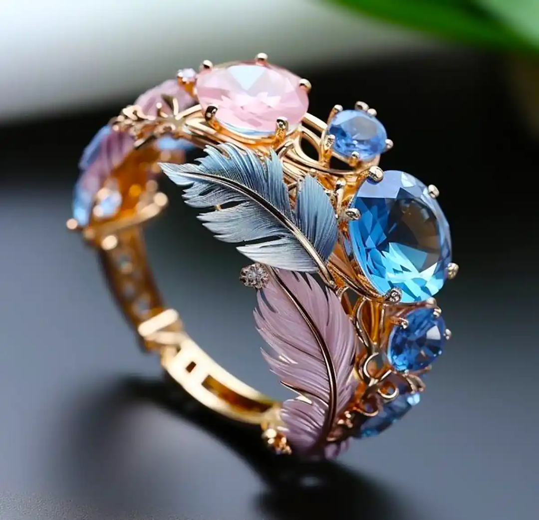 Vintage Exotic Feather Crystal Ring 0