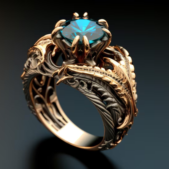 Vintage Exotic Golden Leaf Blue Zirconia Ring 0