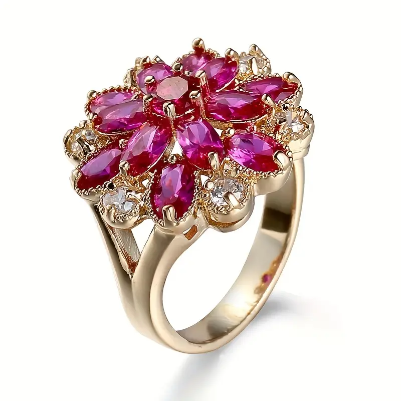 Vintage Garnet Crystal Flower Gold Ring 0