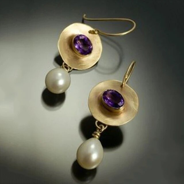 Vintage Gold Pearl Earrings with Purple Zirconia Accents for Women 0