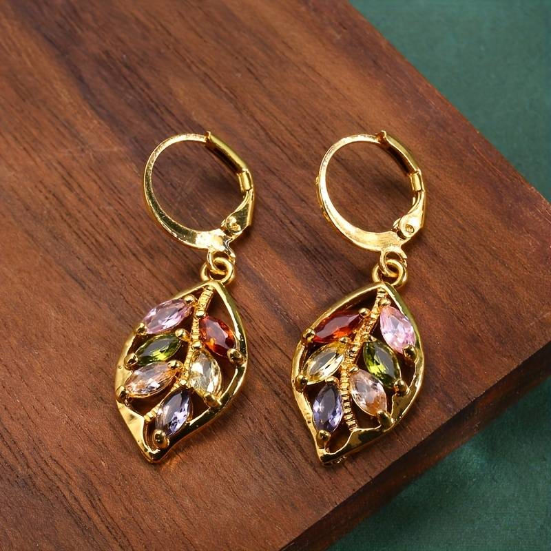 Vintage Golden Leaf Colorful Zirconia Earrings 0