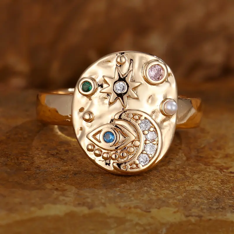 Vintage Sun & Moon Crystal Gold Ring - Handmade Jewelry 0