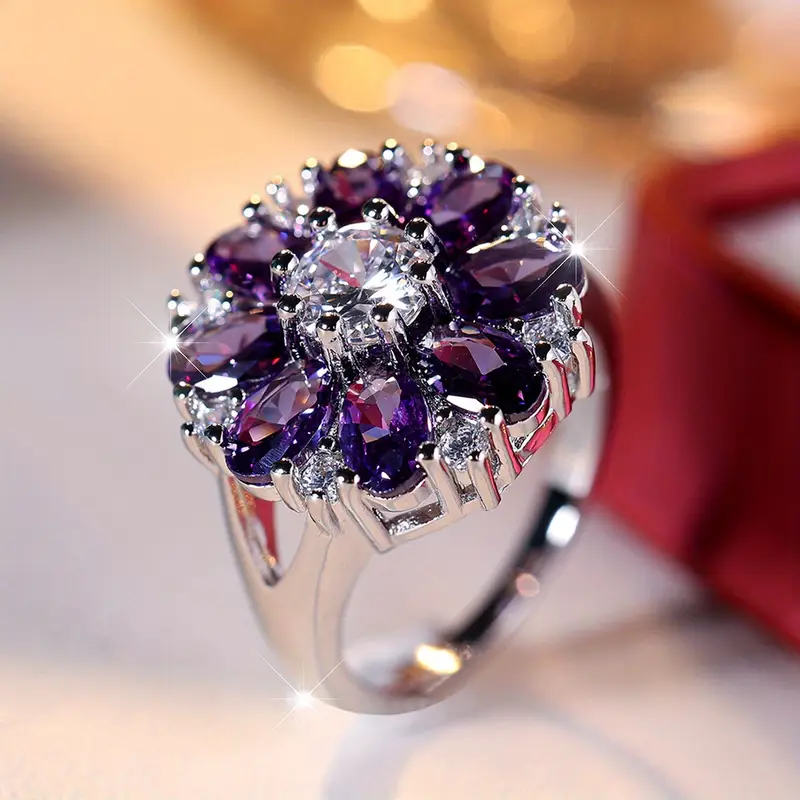 Vintage Violet Daisy Sterling Silver Ring for Women 0