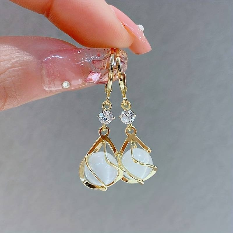 Vintage White Opal Dangling Gold Earrings for Women 0
