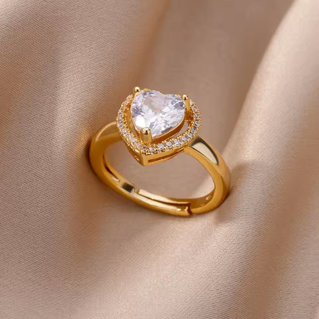White Crystal Heart Gold Ring for Women - Elegant Handmade Jewelry 0