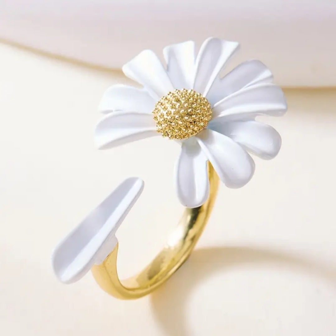 White Daisy Gold Ring - Handmade Gold Rings for Women - Unique Delicate Design 0