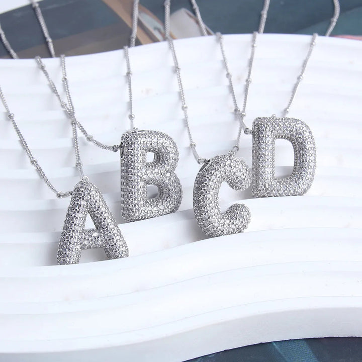 Bubble letter initial necklace set Silver